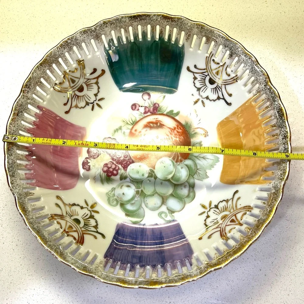 Hand-Painted Fruit Bowl Reticulated Pierced Rim Lusterware Made in Japan Vintage